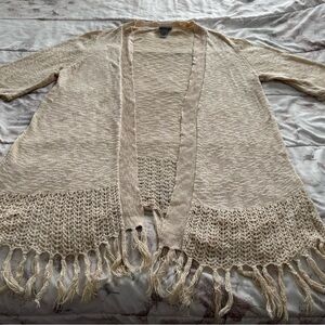 Catherines Cream linen blend open front Cardigan with Fringe Details, size 2X